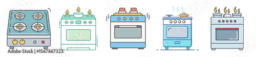 Collection of Five Stylized Gas Stoves in an Illustration Style