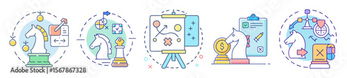 Chess knight strategic planning and business process strategy icons vector design