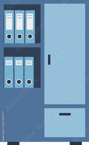 Office filing cabinet with blue binders and storage drawer in flat vector style 
