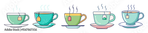 A collection of five colorful and steaming cups of tea illustrations