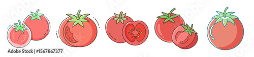 Cartoon Tomatoes Illustration Featuring Different Perspectives, Slices and Artistic Styles for Food Blogging