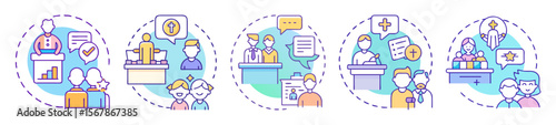 Diverse presentations or events depicted using various icons and design elements