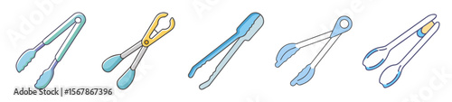 Collection of cooking tongs for food handling and serving in the kitchen