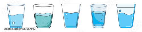 Five artistic cartoon glasses filled with water at varying levels, vector illustration