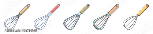A colorful array of kitchen whisks for baking and culinary arts