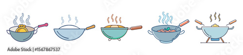 Various types of cooking pans with steam emanating from the food inside