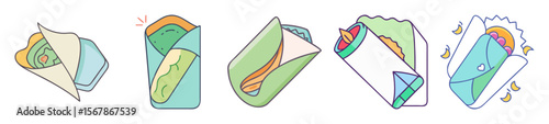Colorful Cartoon Burritos Showcasing a Variety of Tasty Ingredients and Designs