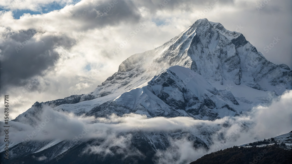 Obraz premium Majestic Snow-Capped Mountain Peak: Dramatic Cloudscape Photography