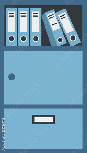 Blue office cabinet with binders and drawer vector illustration for workspace organization 
