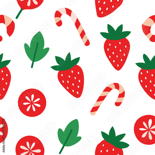 A Seamless Pattern with a Strawberry and Leaf Design and Festive Candy Canes