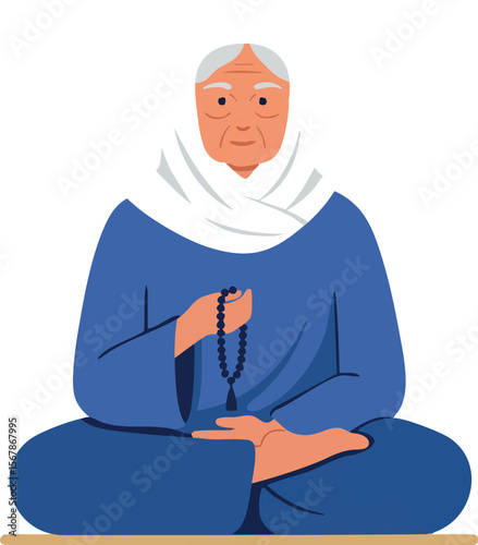 Elderly Woman Meditating with Rosary Beads in Blue Outfit and White Headscarf Vector Illustration 