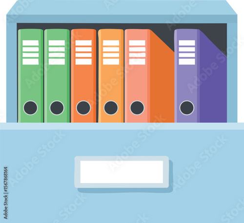Office filing cabinet with colorful binders in organized row vector illustration 