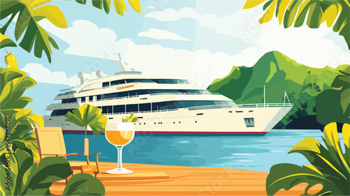 Luxurious Cruise Ship Docked Near Vibrant Greenery