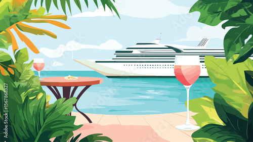 Luxury Cruise Ship Docked Near Vibrant Greenery - Elegant Travel Scene