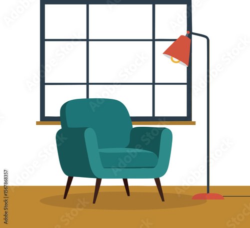 Modern armchair with floor lamp near window interior design vector illustration 