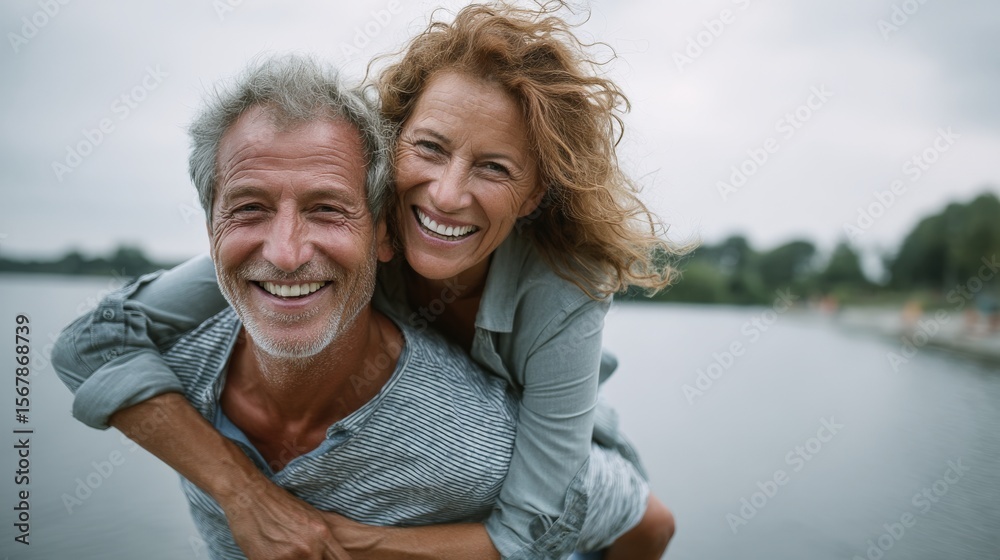 Fototapeta premium Outdoor lifestyle of an active elderly couple, man giving woman a piggyback ride near a lake, both smiling, space on right for text