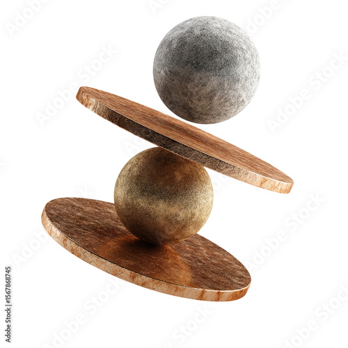 Balanced Spheres: Abstract 3D Render of Metallic Textures and Celestial Bodies