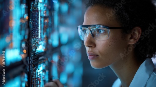 Researcher wearing safety goggles operating biotech scanner near futuristic quantum processor, electronic circuit panels behind, right side blank