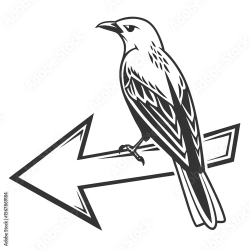 Bird perched on arrow black and white graphic