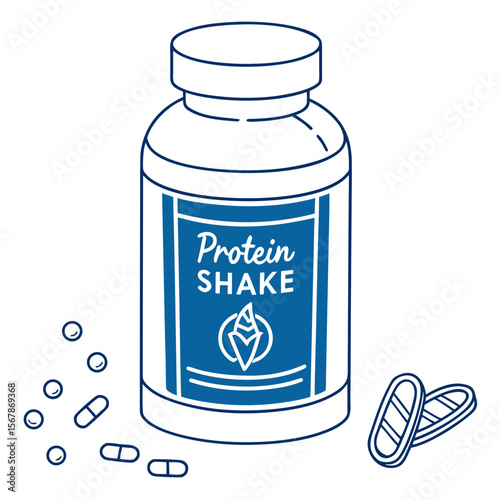 Blue protein shake bottle with pills supplement fitness