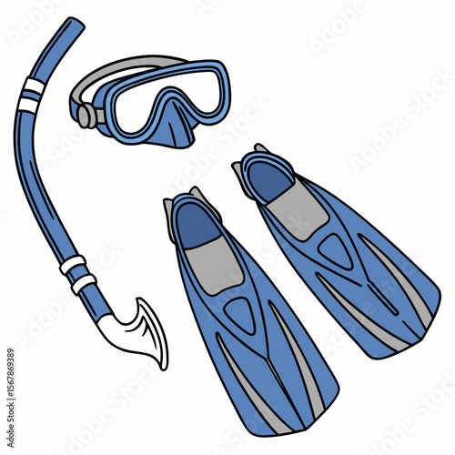 Blue snorkel mask and fins grey