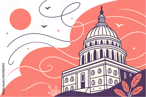 Capitol building with abstract background and birds