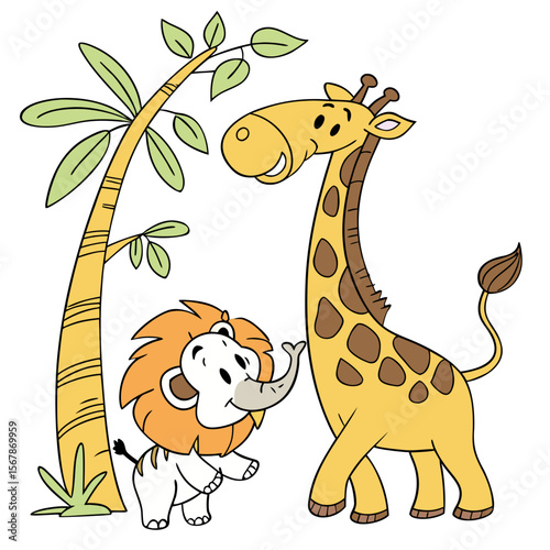 Cartoon giraffe and lion cub in jungle safari