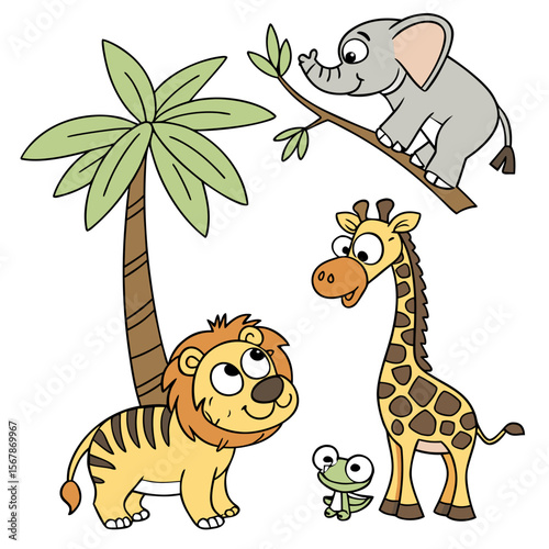 Cartoon jungle animals with palm tree and branch elephant