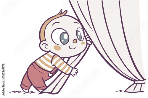Vector cute Baby Boy cartoon character, with bright, curious eyes and a shy smile, wearing a striped shirt and playing peek-a-boo behind a curtain, in a sweet, endearing style, isolated on white backg