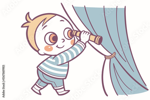 Vector cute Baby Boy cartoon character, with bright, curious eyes and a shy smile, wearing a striped shirt and playing peek-a-boo behind a curtain, in a sweet, endearing style, isolated on white backg
