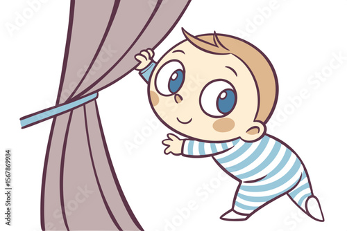 Vector cute Baby Boy cartoon character, with bright, curious eyes and a shy smile, wearing a striped shirt and playing peek-a-boo behind a curtain, in a sweet, endearing style, isolated on white backg