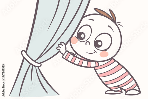 Vector cute Baby Boy cartoon character, with bright, curious eyes and a shy smile, wearing a striped shirt and playing peek-a-boo behind a curtain, in a sweet, endearing style, isolated on white backg
