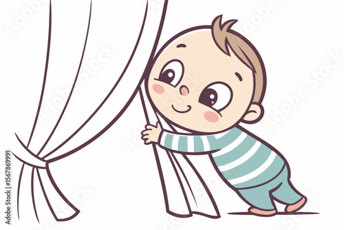 Vector cute Baby Boy cartoon character, with bright, curious eyes and a shy smile, wearing a striped shirt and playing peek-a-boo behind a curtain, in a sweet, endearing style, isolated on white backg