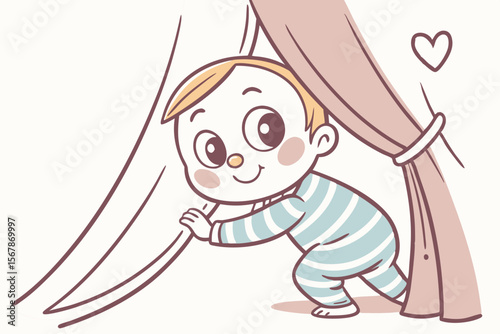 Vector cute Baby Boy cartoon character, with bright, curious eyes and a shy smile, wearing a striped shirt and playing peek-a-boo behind a curtain, in a sweet, endearing style, isolated on white backg