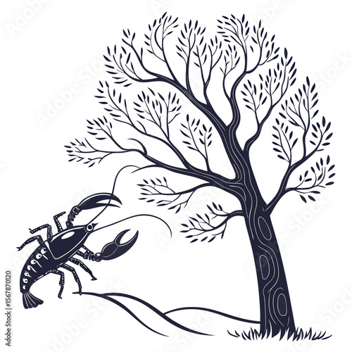 Dark blue crayfish and stylized tree nature illustration