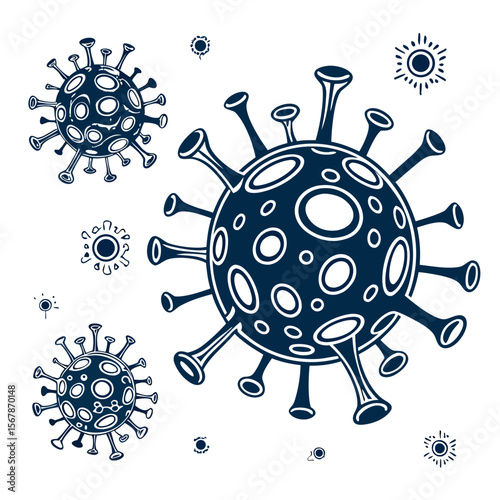 Dark blue virus shapes on white coronavirus pandemic
