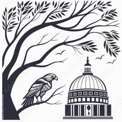 Dark tree branches with bird and dome building leaves