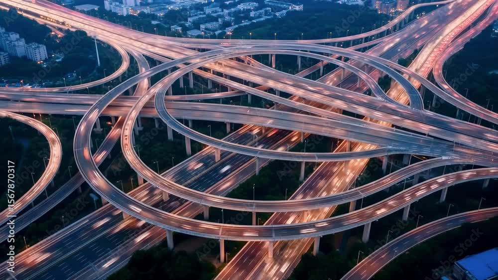 Aerial view of a complex highway interchange at dusk, showcasing traffic flow and urban landscape
