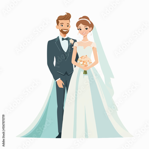 a bride and groom standing side by side, smiling