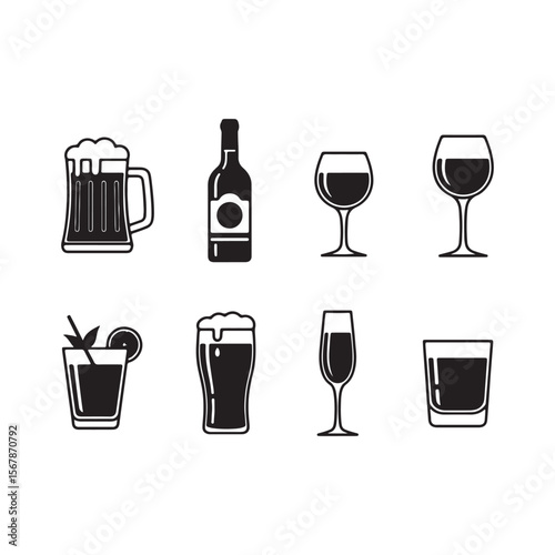 Black and White Icon Set of Alcoholic Beverages Beer Wine Cocktail Glass Bottle Pint Mug vector