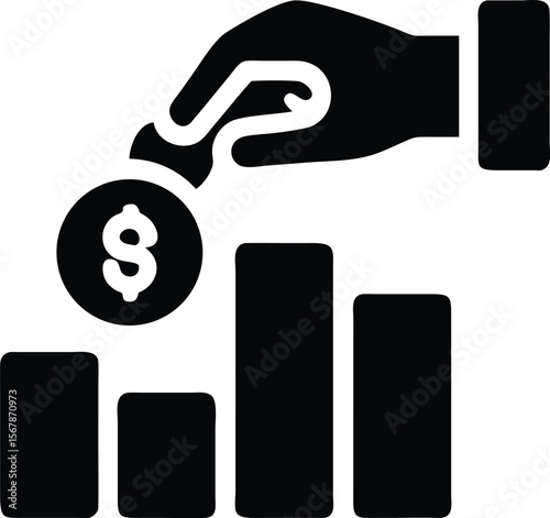 Hand placing coin on rising bar chart money vector