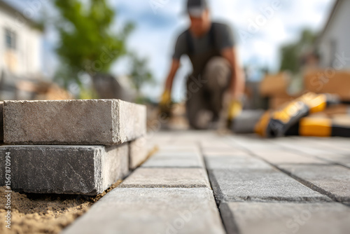 Close-up of stacked paving stones on a freshly laid patio, worker in the background with tools ready to set next pavers, building, construction, do it yourself.