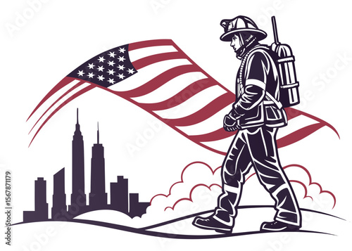 Firefighter Walking Past City Skyline with American Flag in Background Depicting Patriotism and Service firefighter