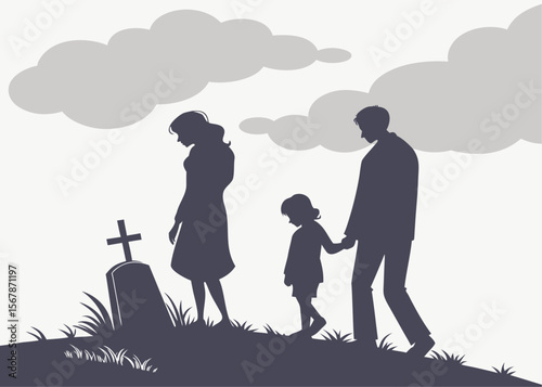 Family Mourning at Graveside Silhouette of Mother Father and Child Visiting a Tombstone Under Cloudy Skies