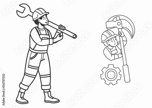 Line Art Illustration of Two Construction Workers with Wrench and Gear Outlined in Black and White