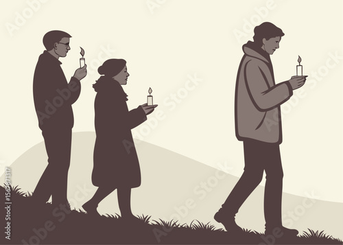 Candlelight Vigil Procession Three Figures Walking with Candles in a Somber Reflective and Peaceful Illustration Style