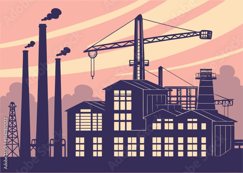 Stylized Industrial Landscape with Factories Chimneys Crane and Pastel Sky in a Flat Vector Illustration