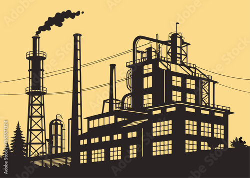 Silhouette of a Large Industrial Factory with Smoke and Tall Chimneys Against a Yellow Background