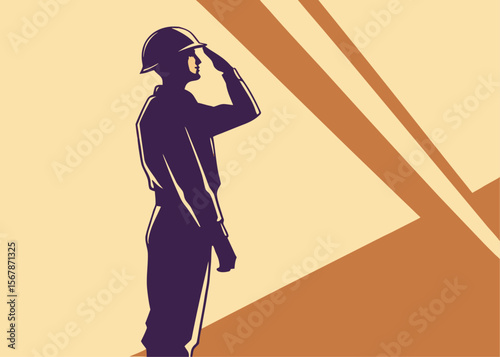 Vintage Style Illustration of a Soldier Saluting with Geometric Background in Beige and Brown Tones
