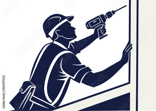 Construction Worker Using Drill on Window Frame Silhouette Illustration Building and Home Improvement stylized silhouette